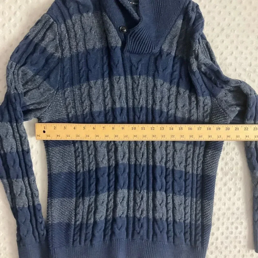 Tommy Hilfiger Blue‎ Grey Fisherman Cable Knit Shawl Sweater Extra Large